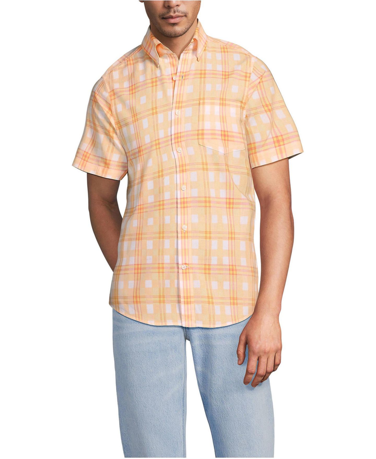 Мужская рубашка Lands' End Traditional Fit Short Sleeve Madras, цвет: Абрикосовый / Жёлтый клетчатый — фото 2