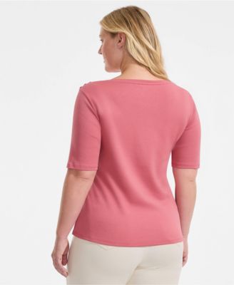Plus Size Supima Cotton Elbow Sleeve Boatneck Button Shoulder Tee