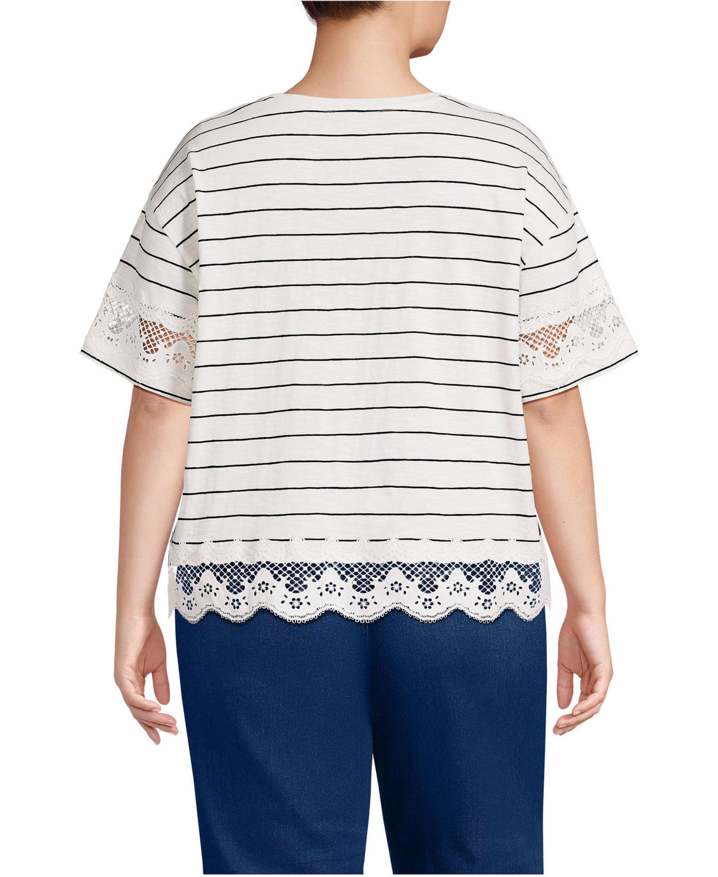 Женская футболка Lands' End Plus Size Short Sleeve Slub Jersey Cutwork, цвет: Слоновая кость / Чёрный полосатый — фото 2