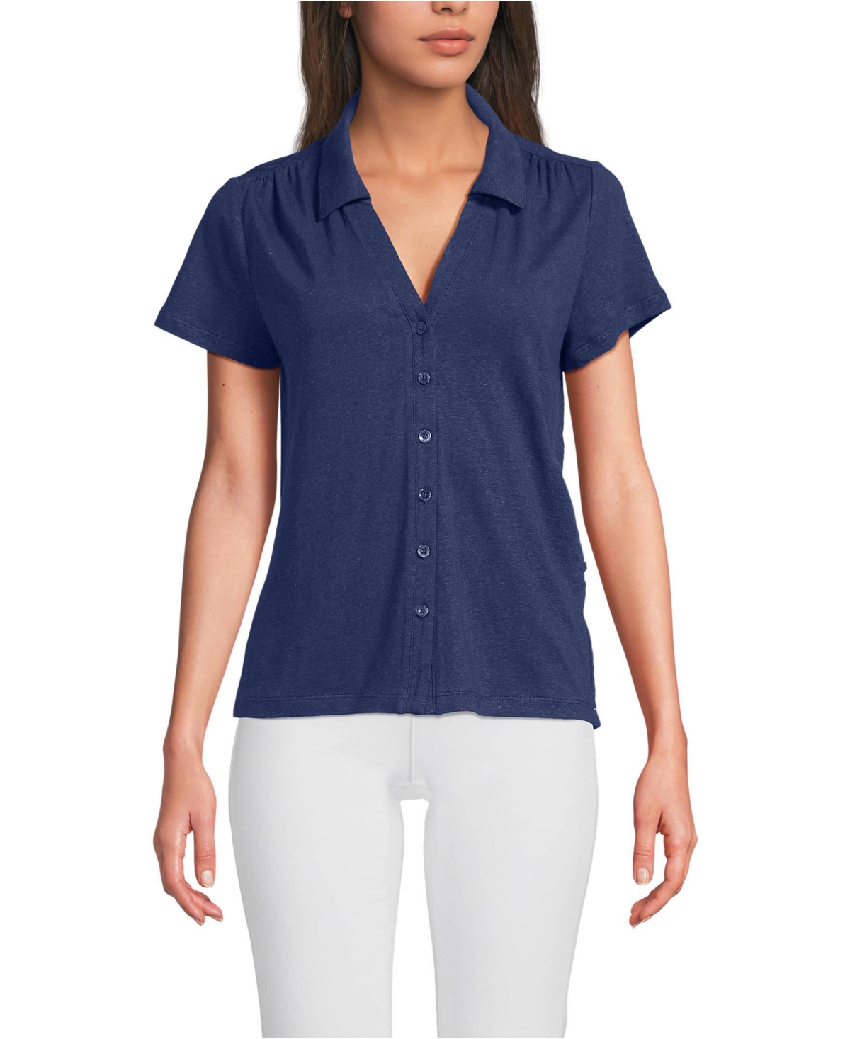 Lands' End Women's Linen Blend Short Sleeve Button Front Polo Top