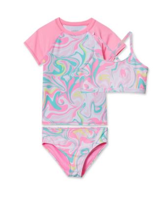 Girls Slim Chlorine Resistant Short Sleeve Rash Guard 3 Piece Swimsuit Set