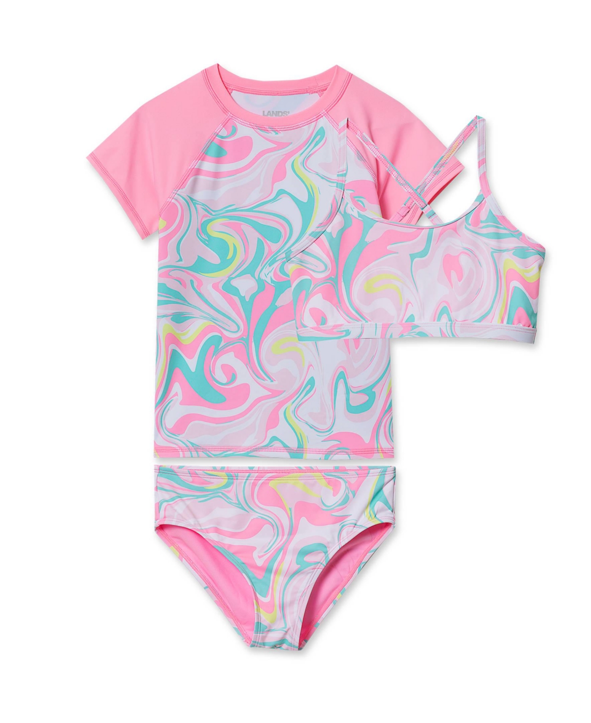 Lands' End Girls Slim Chlorine Resistant Short Sleeve Rash Guard 3 Piece Swimsuit Set