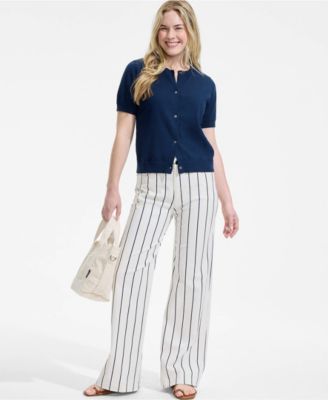 Women's Cotton Short Sleeve Crew Neck Cardigan Sweater