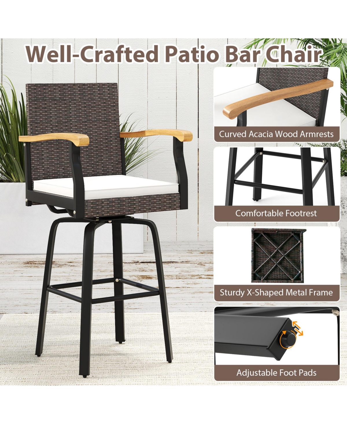 Gymax 2 Pcs Outdoor Rattan 360 degree Swivel Bar Stool w/ Removable Cushion Footrests