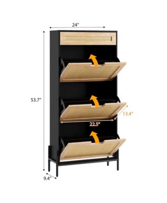 Rattan Storage Cabinet with 3 Flip Drawers, Freestanding Entry Way Shoe Storage Cabinet, Narrow Entrance Shoe Cabinets
