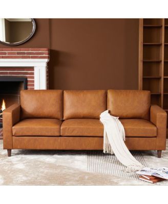 Leather Sofa, Mid-Century Modern Couch, 3-Seater Sofa with Armrests and Comfy Cushions, Pu Deep Seat Sofas for Living Room, Bedroom, Office