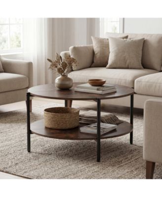 2-Tier Industrial Round Coffee Table, Accent Table with Open Storage Shelf-Rustic