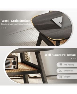 Rectangular Coffee Table 2 Tier Rattan Shelf Rubber Wood Legs