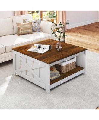 Farmhouse Coffee Table Square with Storage Shelf