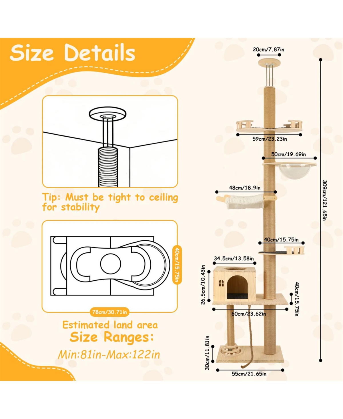 Zeus and Ruta Floor To Ceiling Cat Tree 6 Level Adjustable Height Climbing Tower Thickened Scratching Posts Transparent Capsule Cozy Hammock