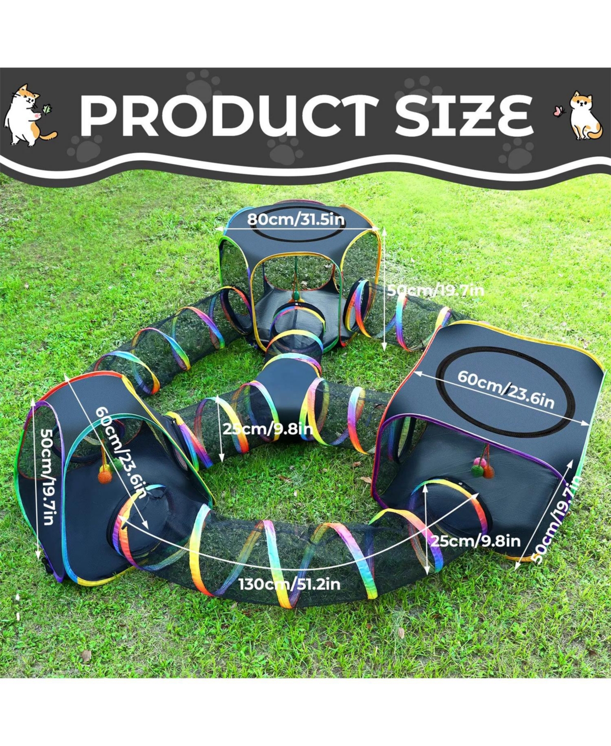 Zeus and Ruta Portable Cat Enclosure 7-in-1 Outdoor Catio Tent Tunnel Foldable Playpen Indoor Storage Bag Rainbow