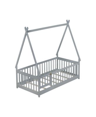 Twin Tent-shaped Floor Bed,Teepee Bed with Guardrails,Slats and Door