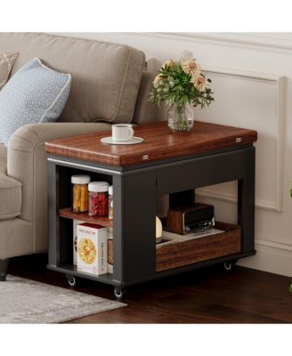 Modern Coffee Table, Multi-Tier Storage Side Table with Foldable Top and Casters, Center Table for Living Room