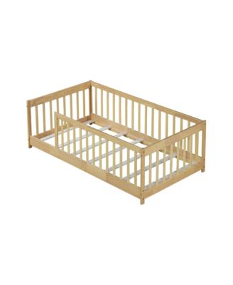 Twin Size Floor Bed with Fence without Door, Rubber Wood Floor Bed with Safety Guardrails