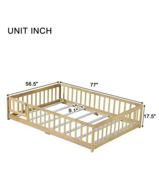 Full Size Floor Bed with Fence and Door,Rubber Wood Floor Bed with Safety Guardrails