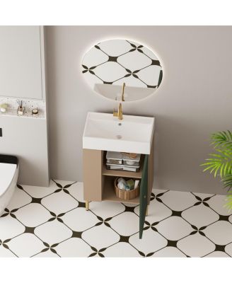  Small Bathroom Vanity with Ceramic Sink, Modern Wood Base, Soft Close Door and Open Shelves for Compact Spaces