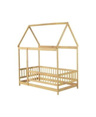 Twin Size House Floor Wooden Bed with Roof Frame,Safety Guardrails