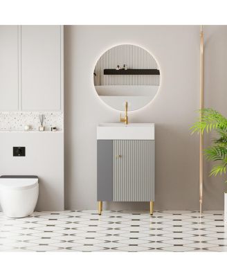 Small Bathroom Vanity with Ceramic Sink, Modern Wood Base, Soft Close Door and Open Shelves for Compact Spaces