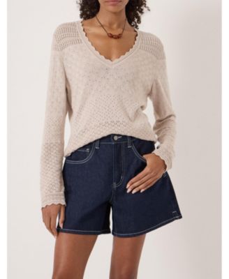 Women's Pointelle Cotton V-Neck Sweater