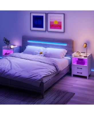 2PCS 23.5'' Nightstand w/LED Lights and Charging Station USB Port and Outlets
