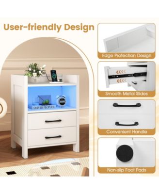 Nightstand w/ LED Lights and Charging Station 23.5'' Smart Bedside Table w/ Drawer and Open Storage Shelf