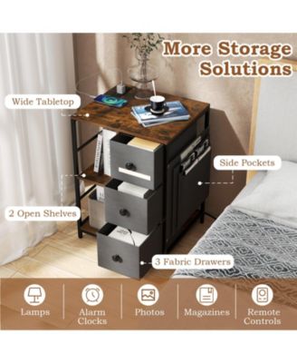 Nightstand 3-Tier Storage End Table Bedside Table with Charging Station and Shelf