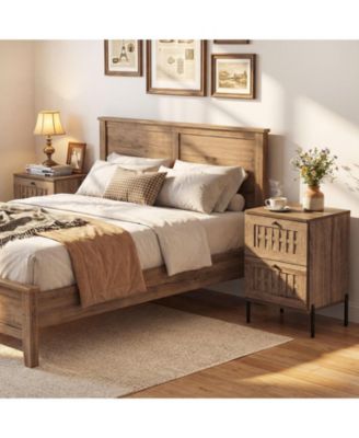 2PCS-Nightstand w/2 Woven Storage DrawersMetal Support LegsBedroomRustic Oak