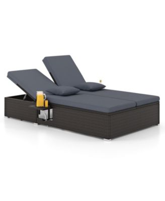 Double Patio Chaise Lounge with 6-Position Backrests and Folding Trays