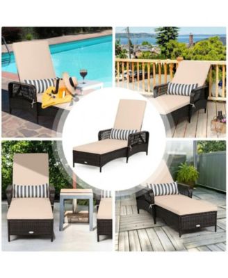 Patio Wicker Chaise Lounge with 6-Position Backrest and Lumbar Pillow