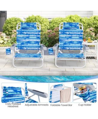 Folding Beach Lounge Chair Set of 2 with Padded Headrest, 5-Position