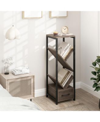 4-Tier Floor Tree Bookshelf with Drawer and Metal Frame