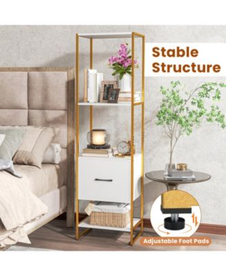 5-Tier Narrow Bookcase with Storage Drawer and Metal Frame