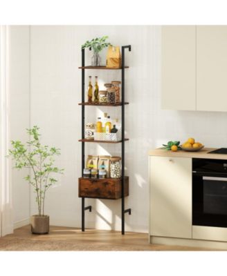 5-Tier Ladder Bookcase with Drawer and Metal Frame