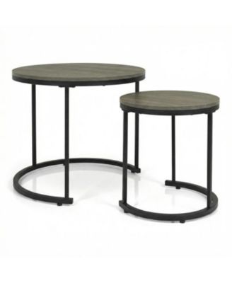 Oak Round Nesting Coffee Tables Set of 2 Stackable