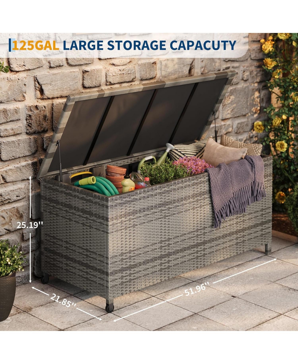 gaomon 125 Gallon Large Waterproof Pe Rattan Deck Box with Wheels