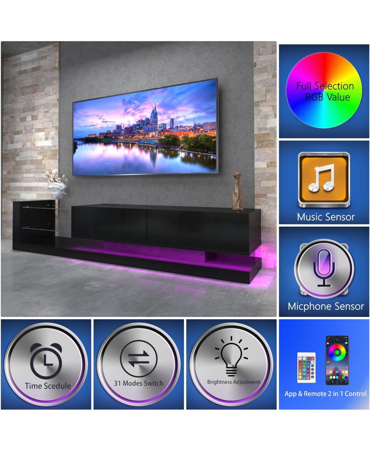 Rainsken Led Tv Stand, High Gloss Wood Entertainment Center, Media Console Table with Power Outlet and 2 Storage Cabinets for Living Room