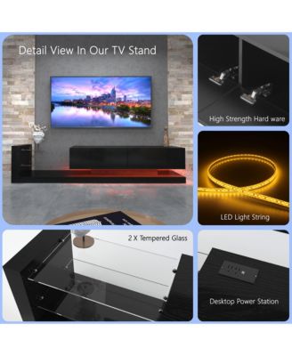 LED TV Stand, High Gloss Wood Entertainment Center, Media Console Table with Power Outlet and 2 Storage Cabinets for Living Room