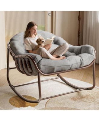 Outdoor Papasan Rocking Chair, Oversized Wicker Lounge Chair with Cushion and Metal Frame, Patio Rattan Egg Rocker for Balcony Backyard Porch