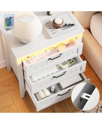 Farmhouse Drawer Dresser with Charging Station and LED Lights, Slim Wooden Bedroom Dresser