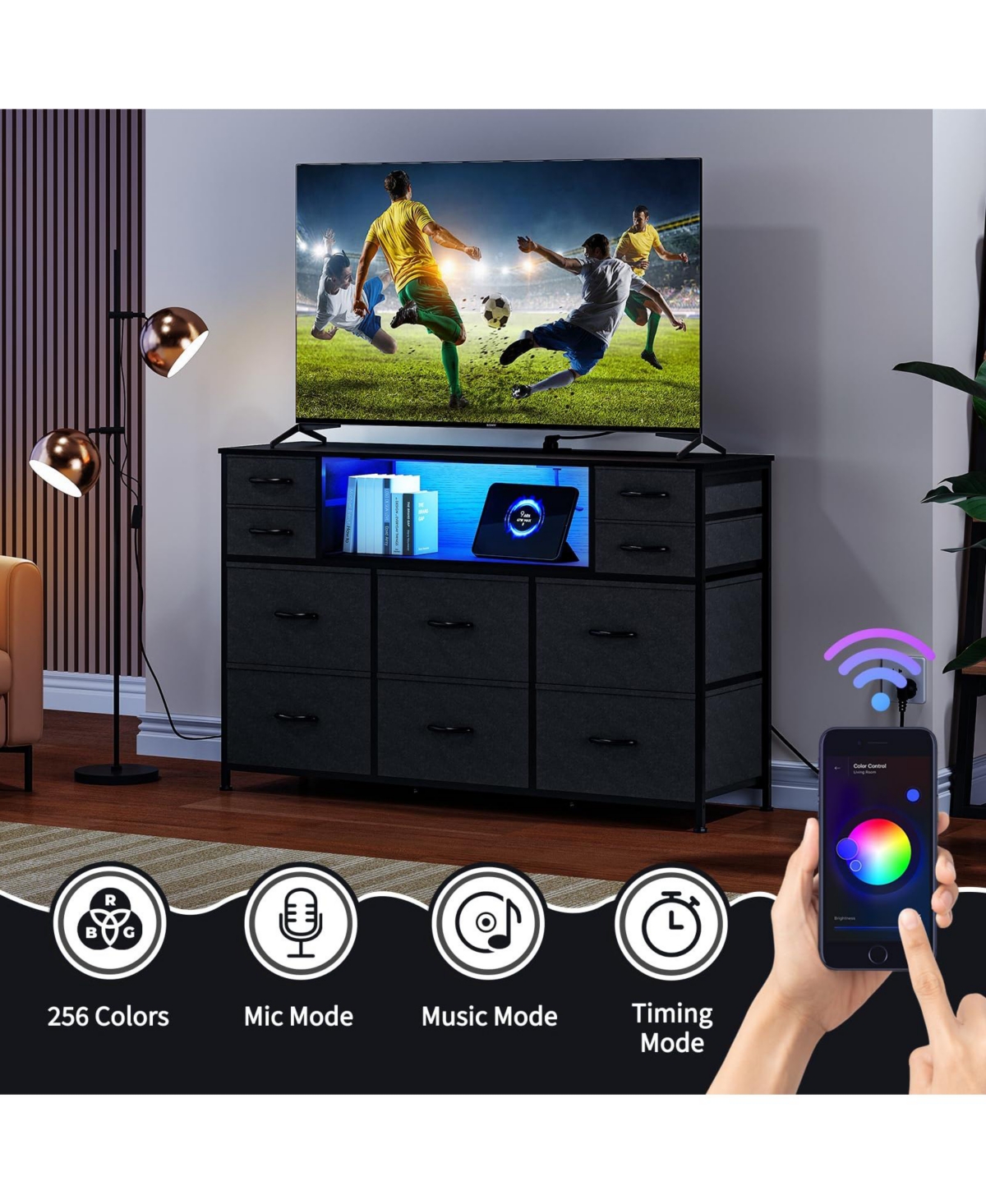 gaomon 10 Fabric Drawers Dresser with Led Lights, Entertainment Center with Charging Station, Wood Top