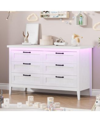 Farmhouse Drawer Dresser with Charging Station and LED Lights, Slim Wooden Bedroom Dresser