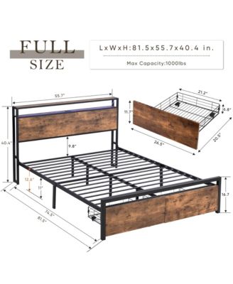 Full Size Bed Frame with Storage Headboard, LED Lights and Charging Station, Platform Bed with 2 Drawers