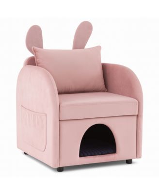 Dark Bunny-Ear Cat Armchair Scratch-Resistant Fabric Built-in Cat Hideaway Dual-Use Sofa with Side Pocket