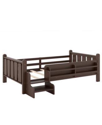 Twin Size Floor Bed with Stairs and Bookcase, Solid Wood Low Profile Bed Frame with Guardrails, Kids Bed for Boys Girls, 350 LBS Capacity