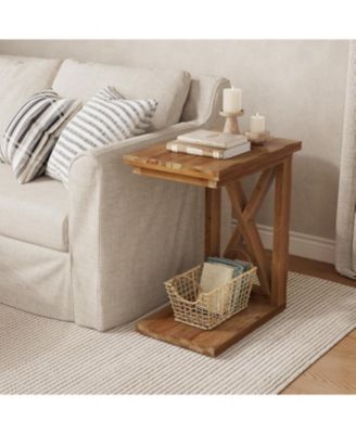 Solid Wood End Table, 2-Tier C Shaped Side Table, Solid Wood Sofa Side Table, Simple Nightstand