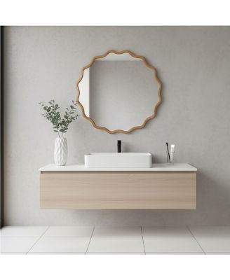 30 Inch Wood Color Wavy Round Decorative Mirror, Solid Wood Frame for Bathroom Wall