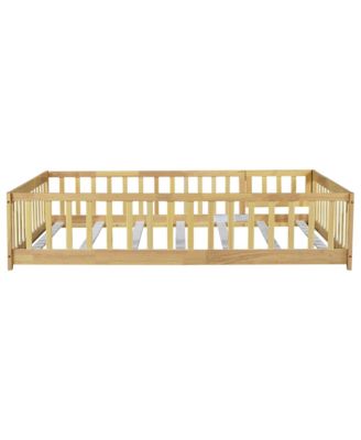 Full Size Rubber Wood Floor Bed with Fence Door and Safety Guardrails