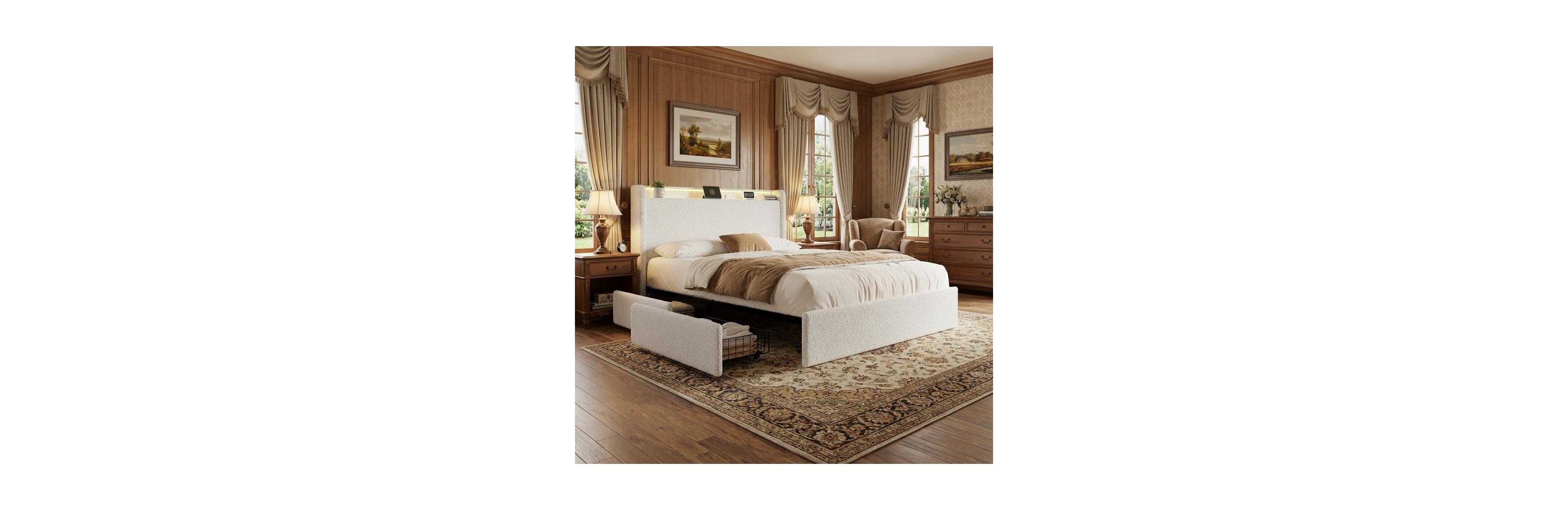 gaomon Boucle Upholstered Platform Bed with Storage Headboard