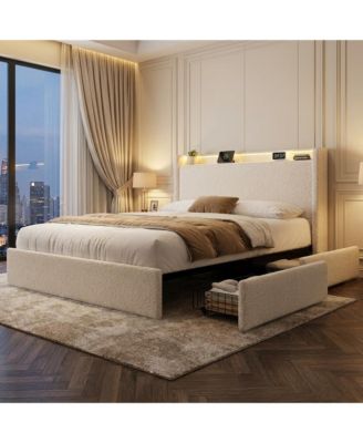 Boucle Upholstered Platform Bed with Storage Headboard, Drawers and LED