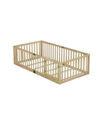 Twin Size Floor Bed with High Fence Railings, with Door